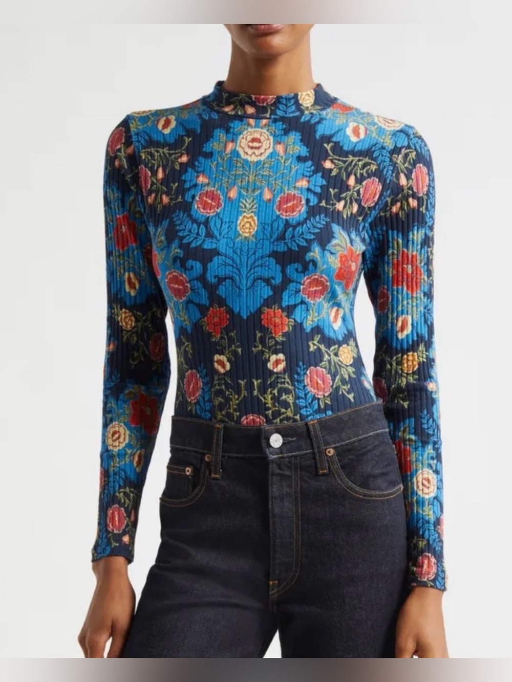 FARM Rio Arabesque Floral Mock Neck Cotton Rib Bodysuit